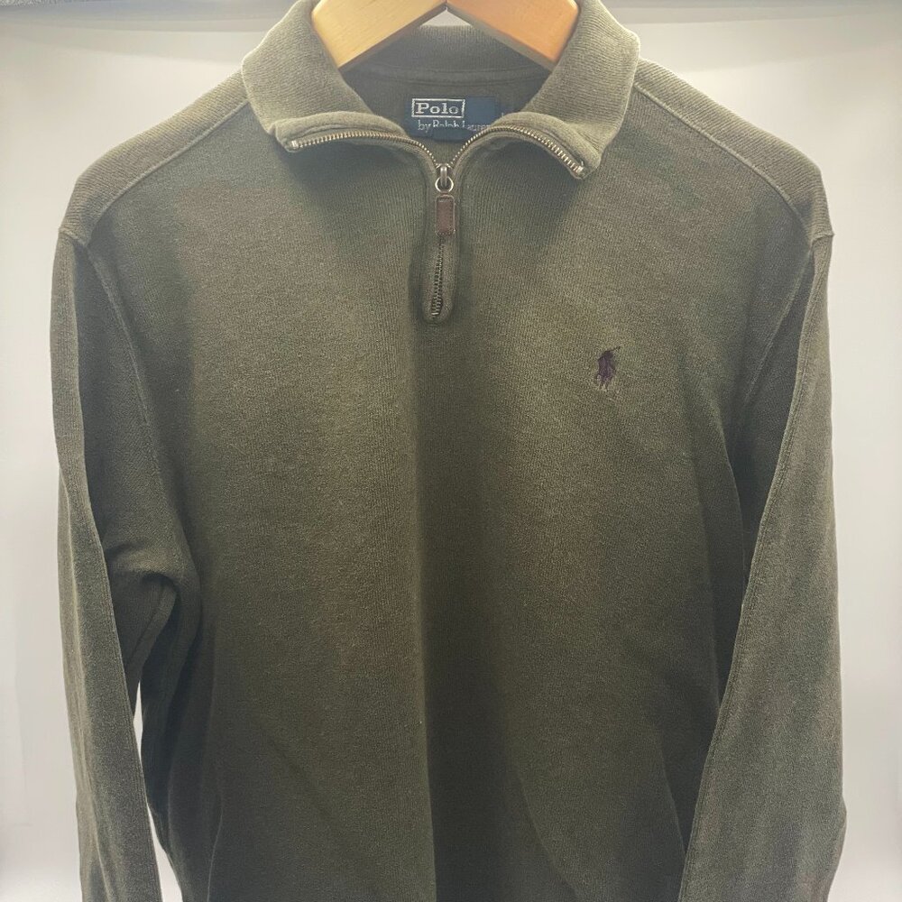 Polo Ralph Lauren 1/4 Zip Pullover Green Sweater w/ Maroon Logo, Men's Large